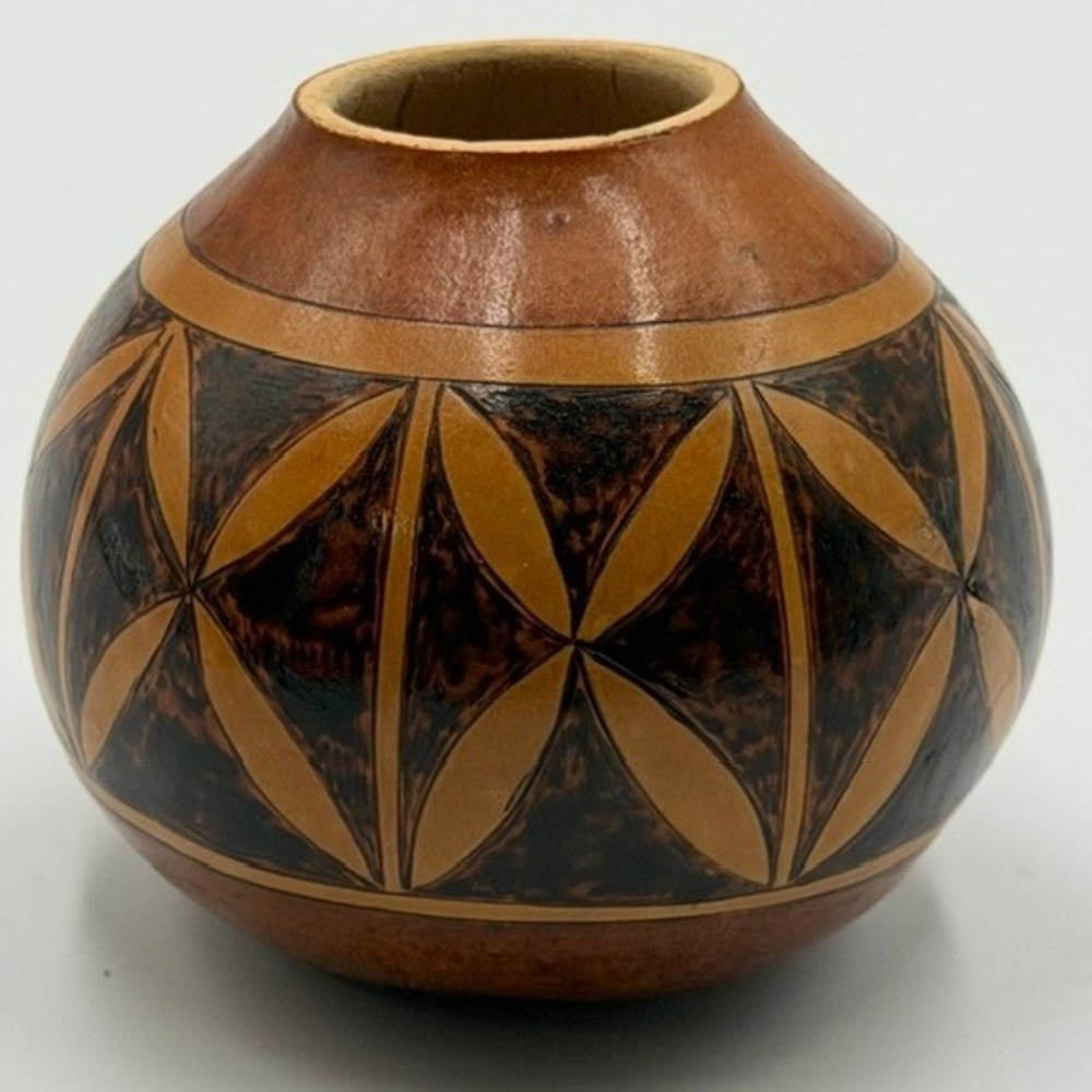 Hand Etched Signed Artisan Decorative Gourd Geometric Tribal Folk Art 2.75"